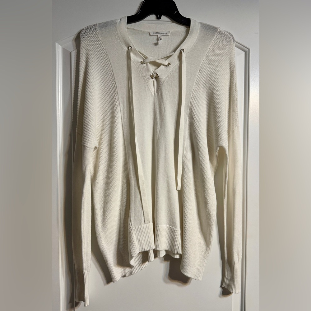 BCBGeneration Lace Up Sweater Small White Ribbed Knit Pullover Coquette‎ Preppy